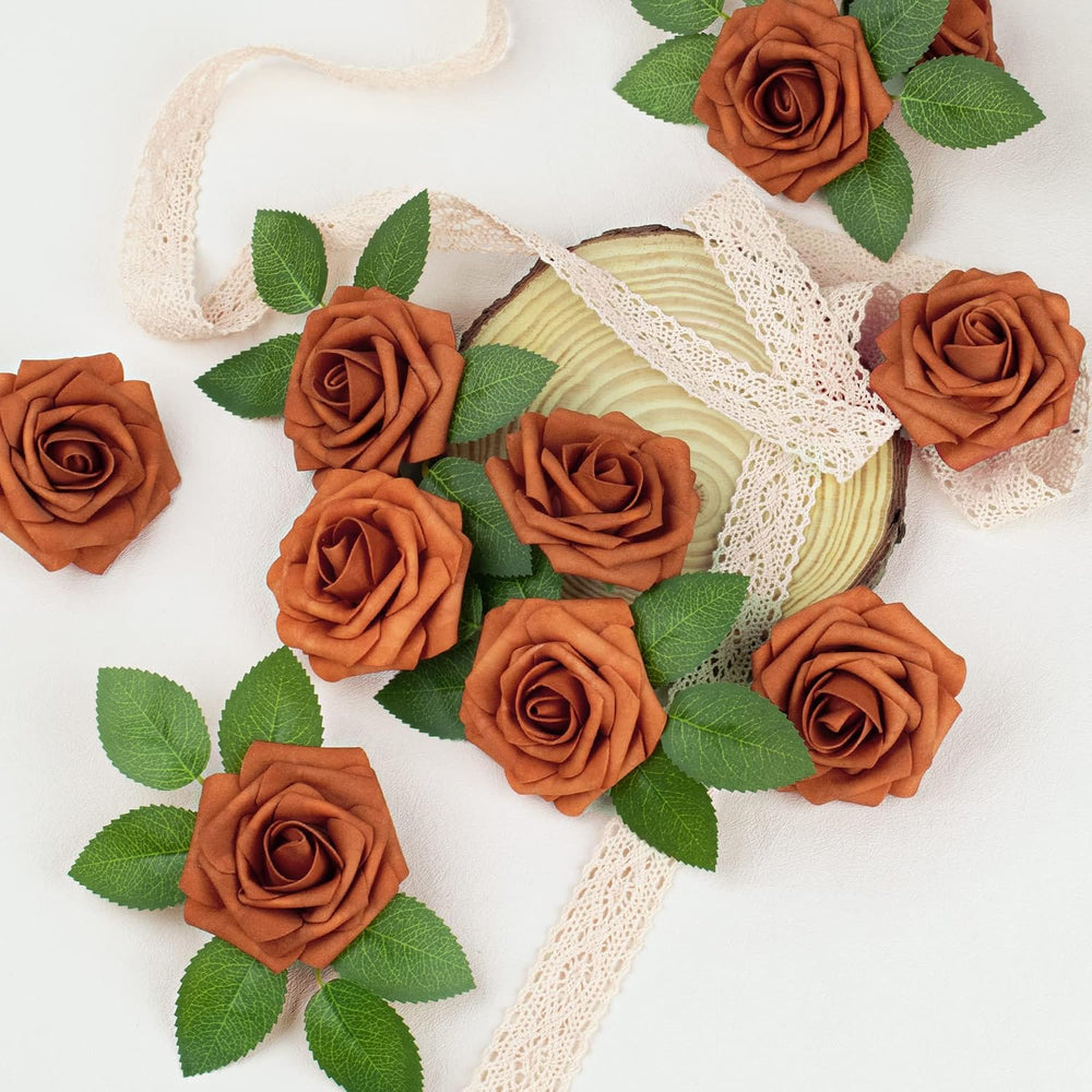 Mocoosy 50Pcs Burnt Orange Roses Artificial Flowers, Rust Fake Rose for Decor...
