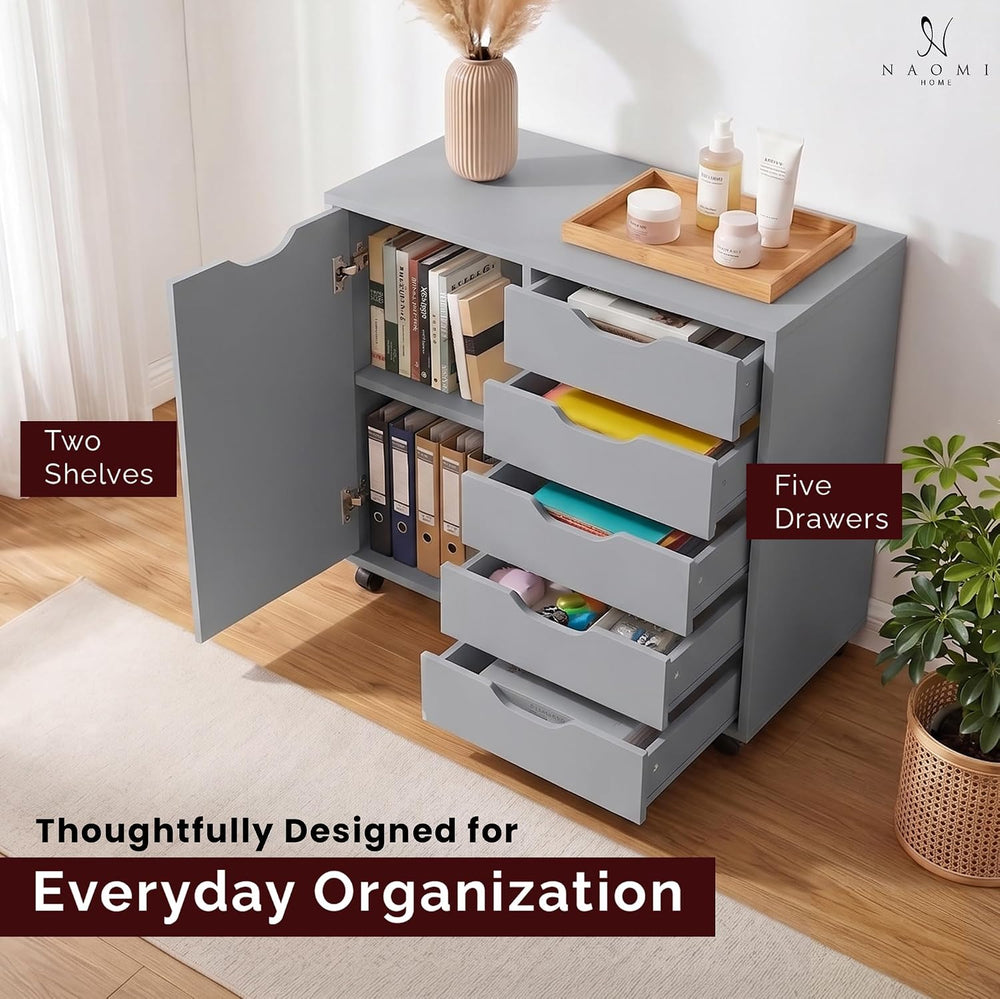 Naomi Home Amy 5-Drawer Rolling Drawer Dresser With Cabinet - Gray