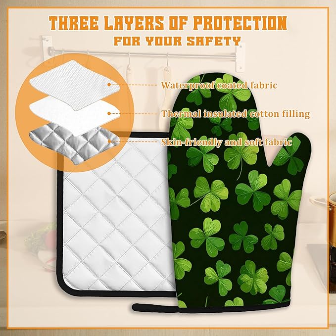 Lucky Clover Oven Mitts and Pot Holders, Patrick's Day Heat Resistant Oven - Image 3