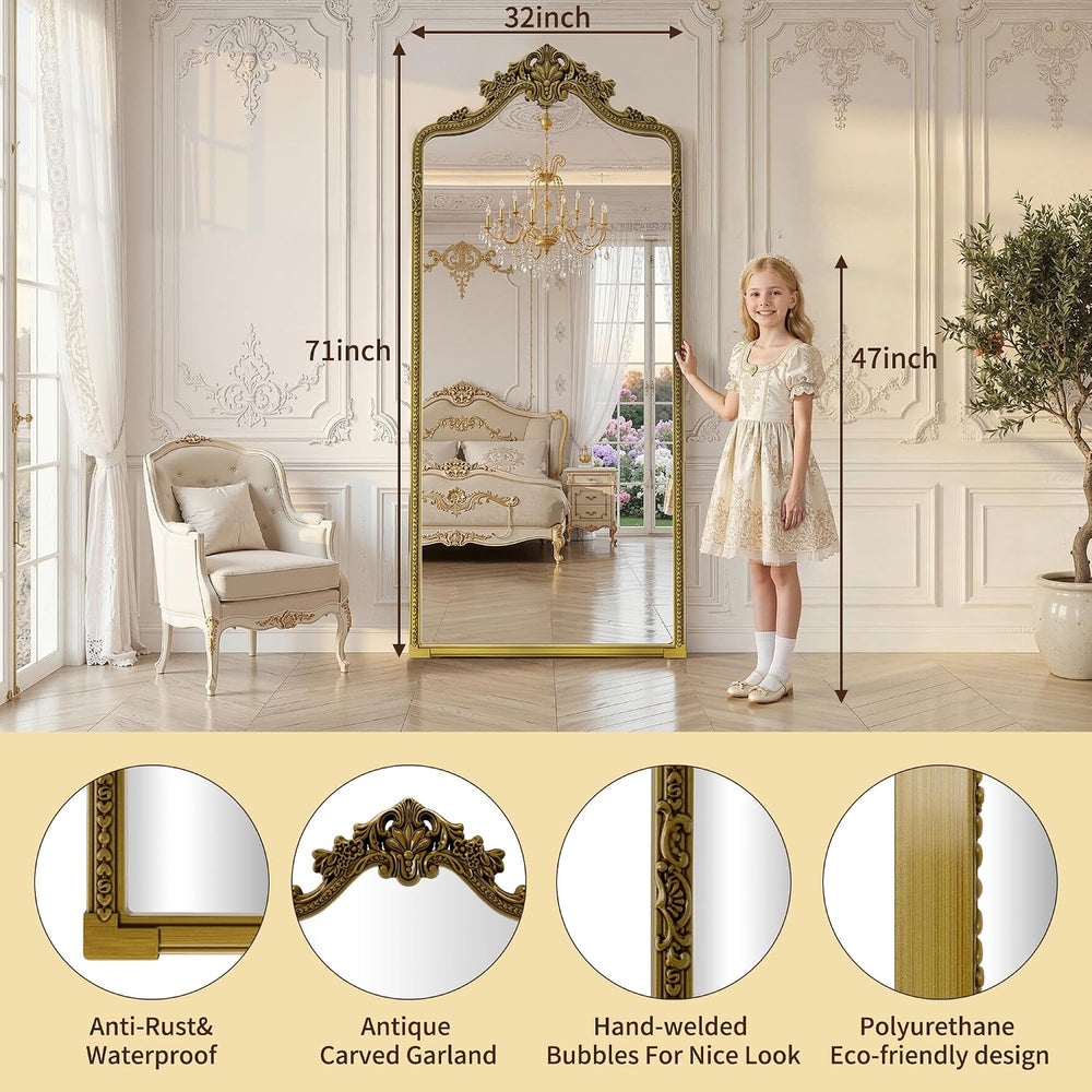 71"x32"Arched Full Length Floor Mirror, Gold Traditional Ornate Ant...