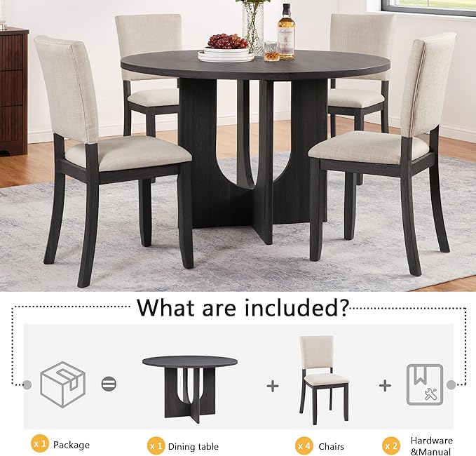 KEIKI 5-Piece Standard Height Dining Table Set with Round Table and 4 Upholst...