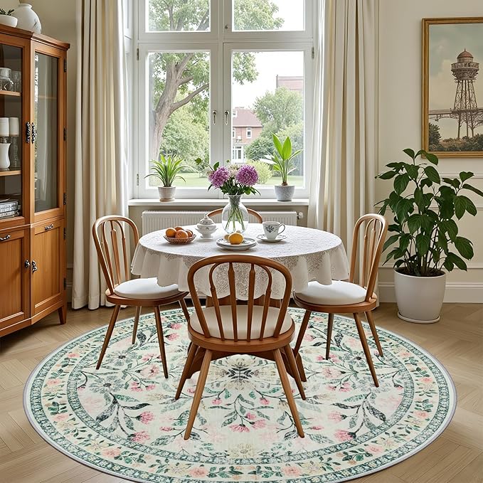 Round Area Rug for Living Room: 4 ft Floral Washable Circle Rug Soft Non-Slip - Image 4