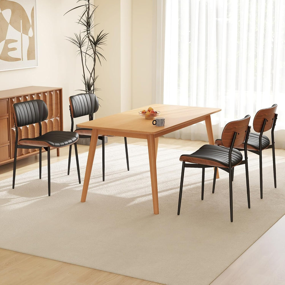 PU Leather Dining Chairs Set of 2 with Walnut Bentwood, Black