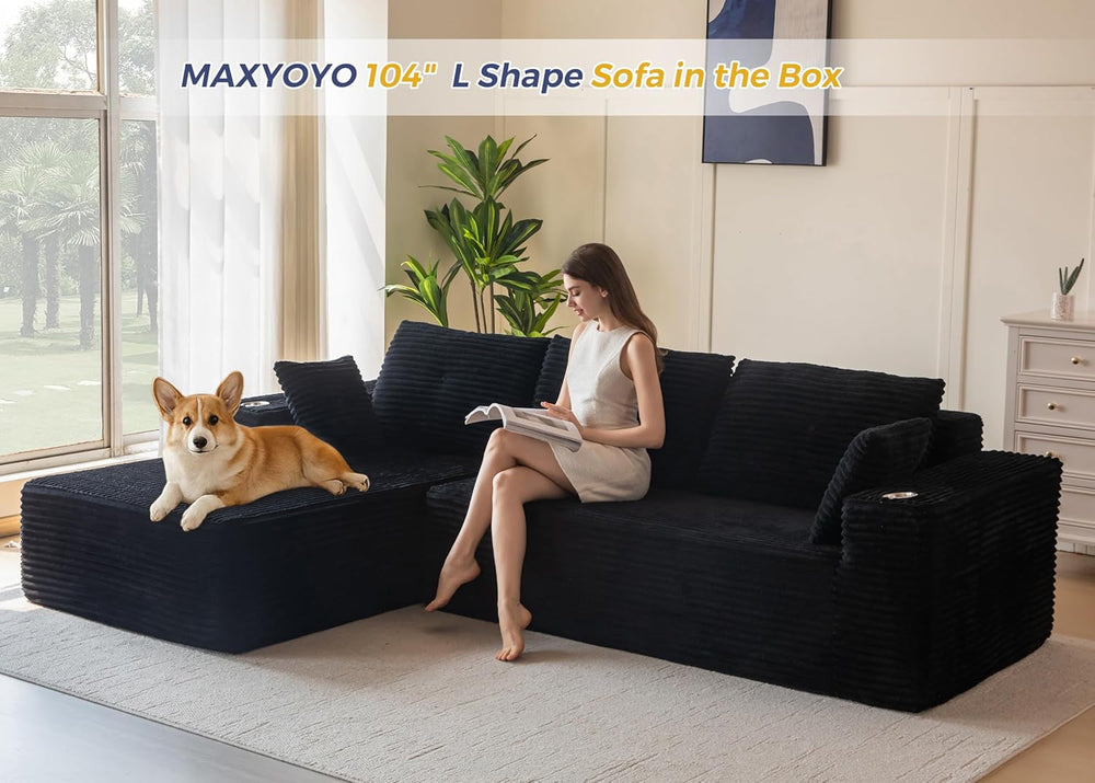 MAXYOYO 104" Modular Sectional Couch with L-Shape Chaise, Modern Boneles...