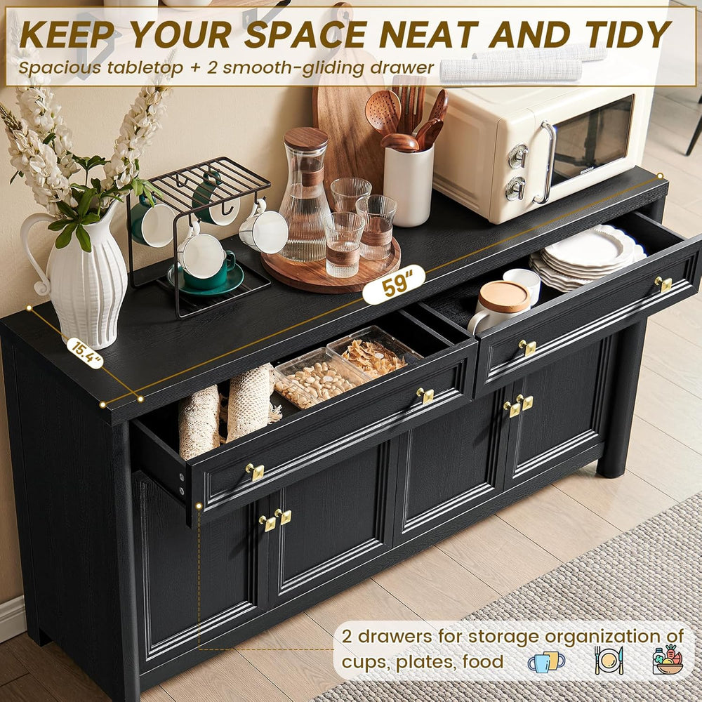 Standifurno Credenza Storage Cabinet with 4 Doors and 2 Drawers, 59" Lar...