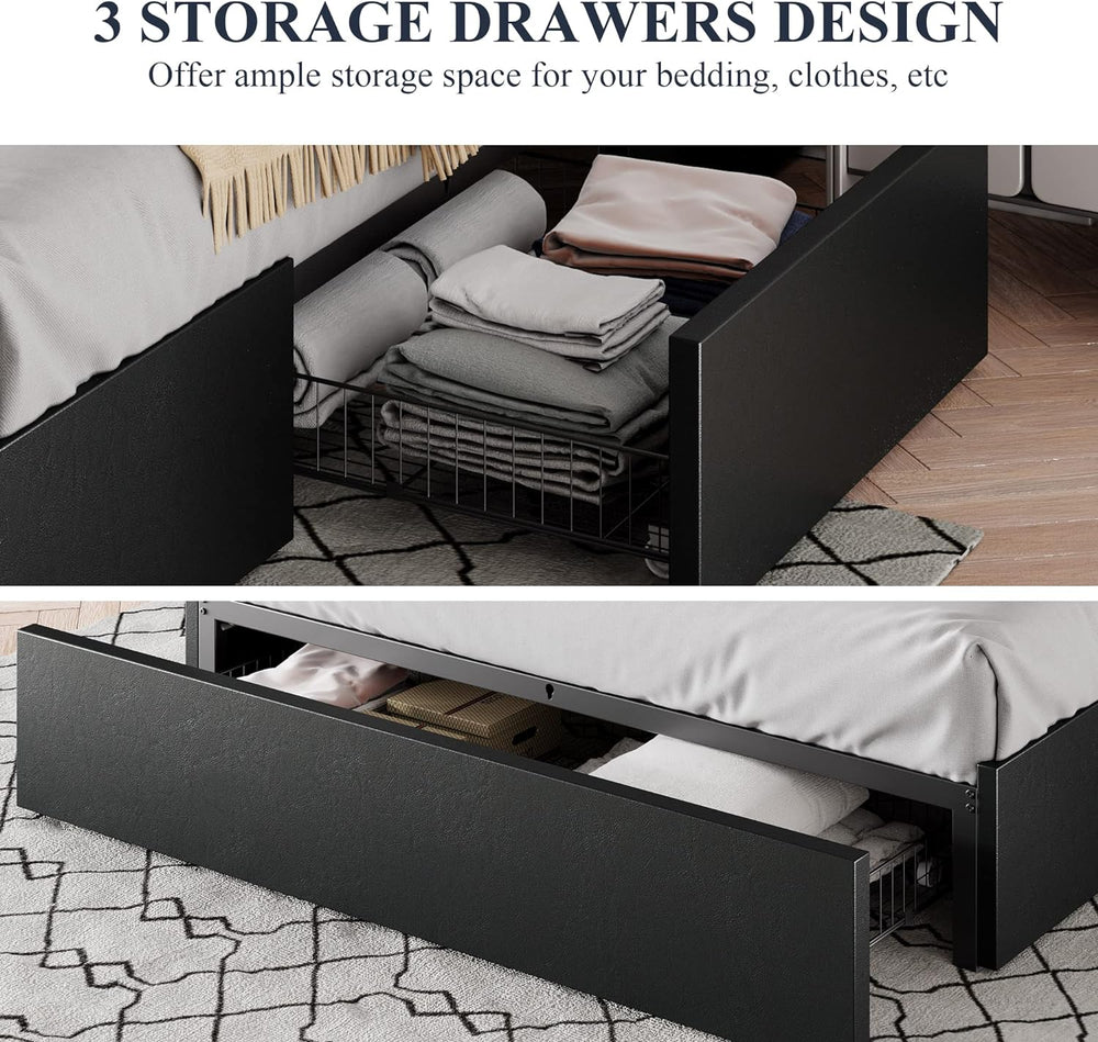 Allewie Full Size Platform Storage Bed Frame with 3 Drawers, Black