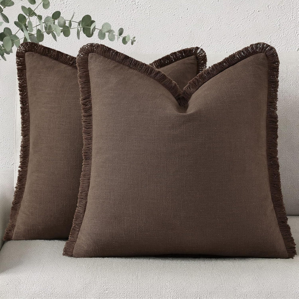 decorUhome Linen Fringe Chocolate Throw Pillow Covers 18x18 Set of 2