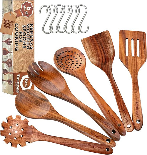 6-Piece Teak Wooden Kitchen Utensil Set – Nonstick Safe Cooking Spoons & by Renexas