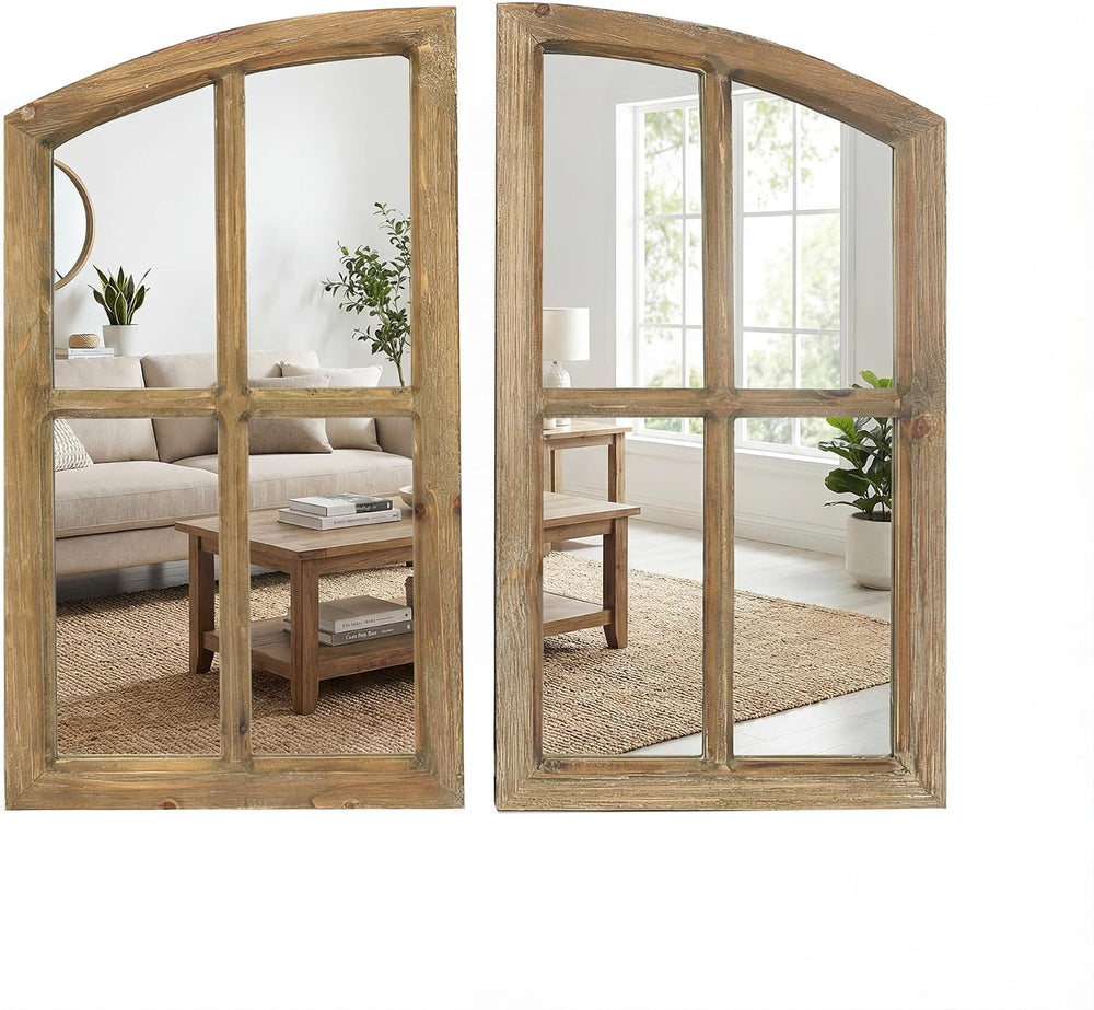 Farmhouse Arched Window Wall Mirrors with Rustic Wood Frame