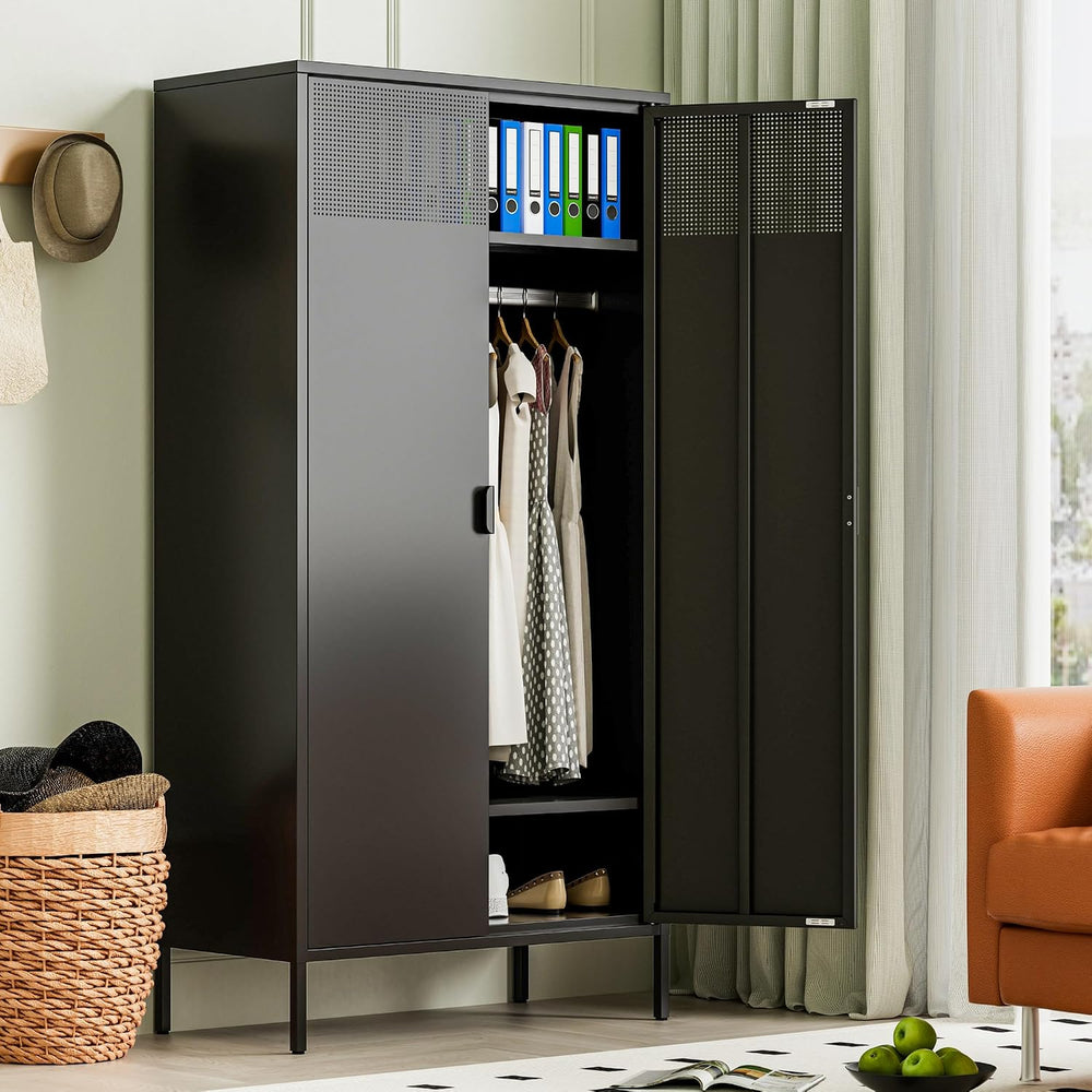Ustamio 71 Inches Black Metal Wardrobe Cabinet with Hanging Rod, Metal Armoir...