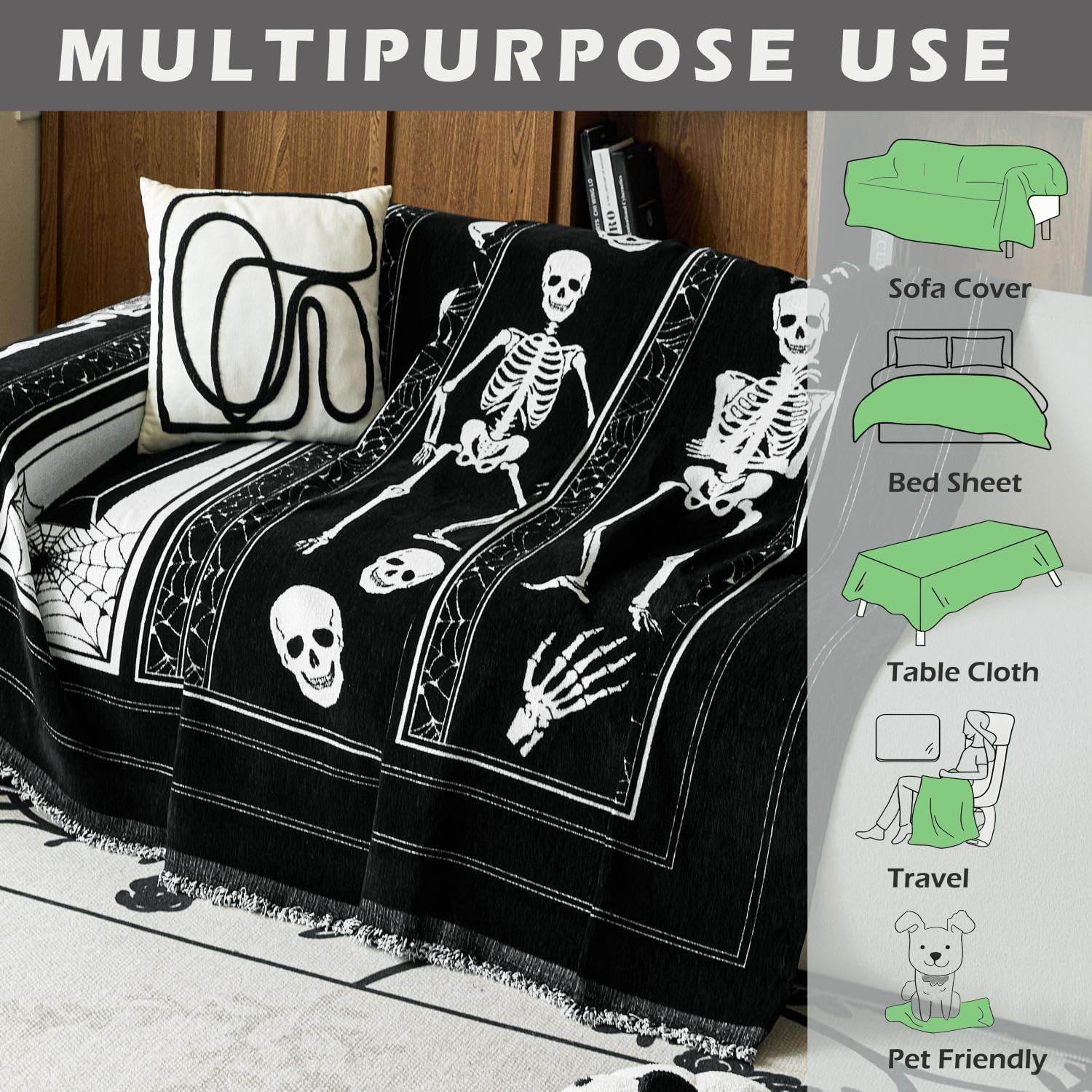 Cmfshape Halloween Sofa Couch Cover,Skull Prank Sofa Slipcovers for 3 Cushion Couch,Black Sofa Towel for Living Room Sectional,Furniture Protector for Pets,Kids-71"x102"