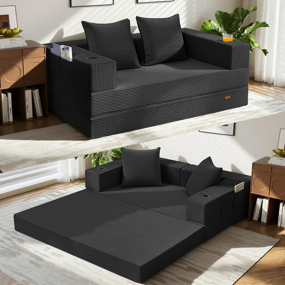 COMAX Boneless Futon Sofa Bed, 59" Small Low-Profile Floor Couch, Black