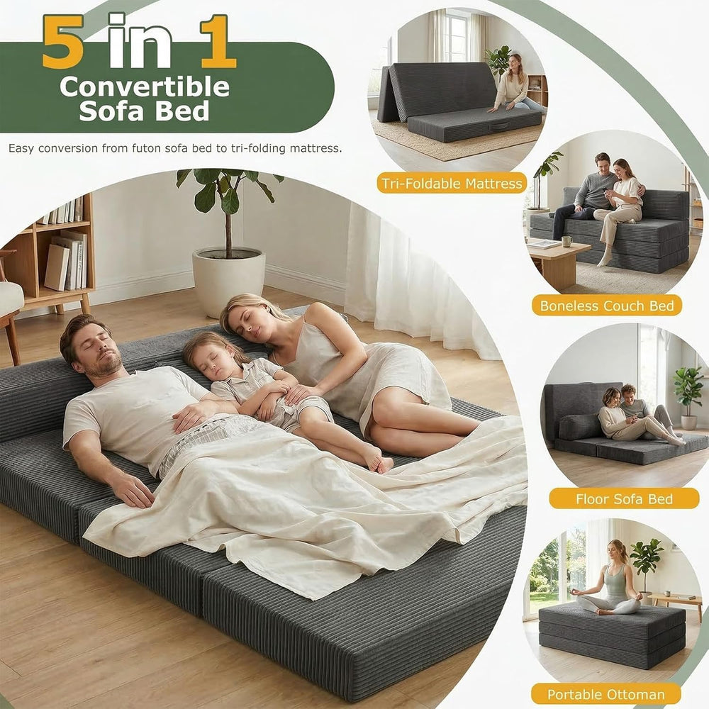 6 inch Tri-Folding Mattress Queen Futon Sofa Bed, Convertible Foldable Mattre...