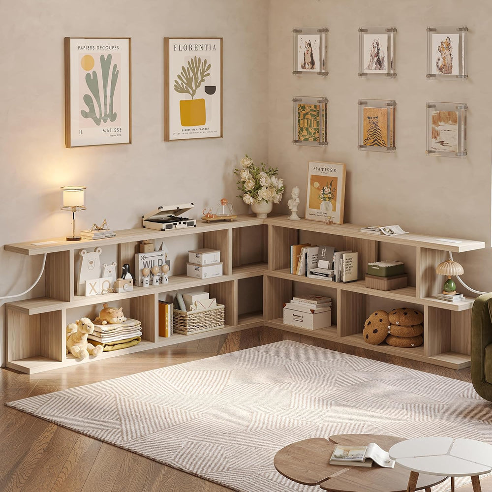 TIQLAB 70.9 Inch Extra Long Sofa Table with Power Outlet, Light Walnut