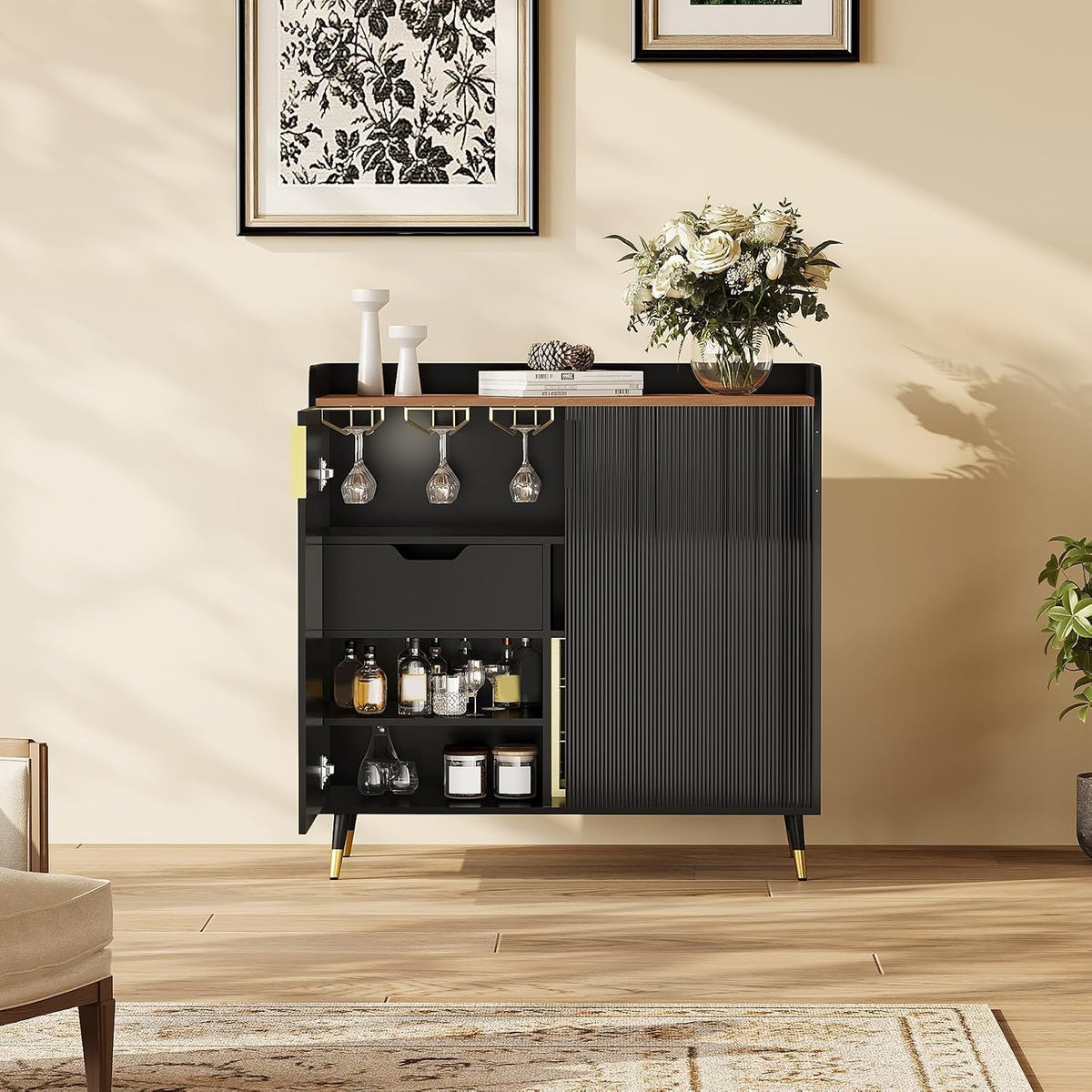 32" Fluted Bar Cabinet with Wine Rack, Green Liquor Wine Cabinet, Black | 6 Stemware Holders, 9-Bottle Metal Wine Rack, 2 Storage Drawers, Reversible Shelf, Wave-Panel Doors