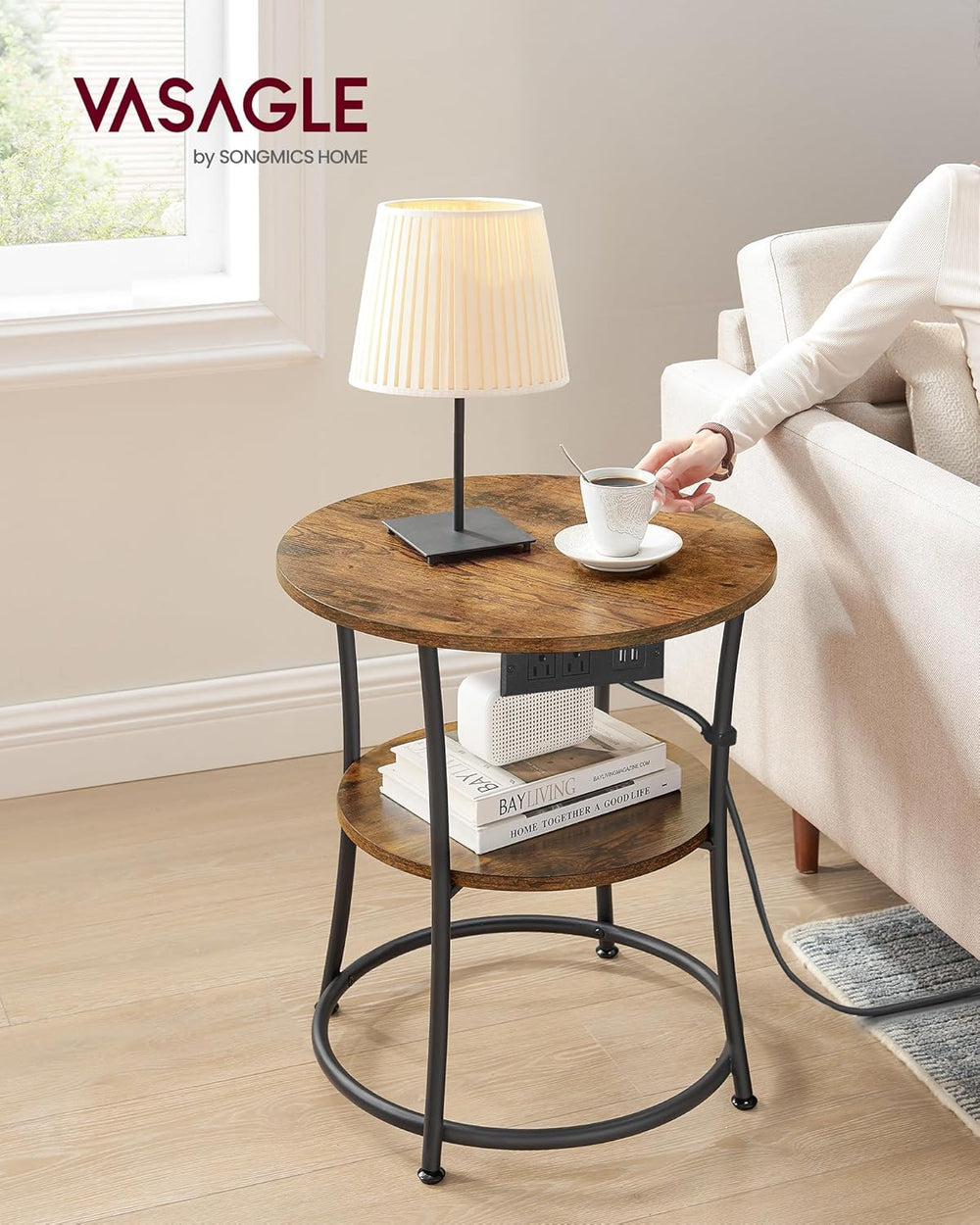 VASAGLE 21.7-Inch Round Side Table, 2-Tier End Table | Nightstand with Steel ...