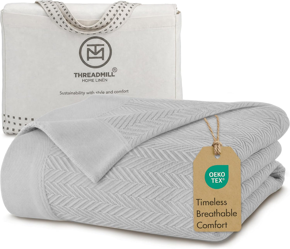 Threadmill Luxury 100% Cotton King Herringbone Blanket, Light Grey