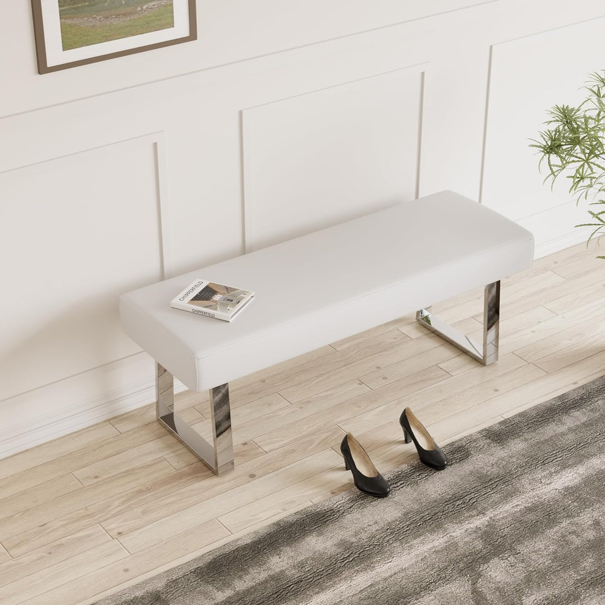 JIEXI 45.3" Upholstered PU Leather Bedroom Bench Footstool with Metal Legs