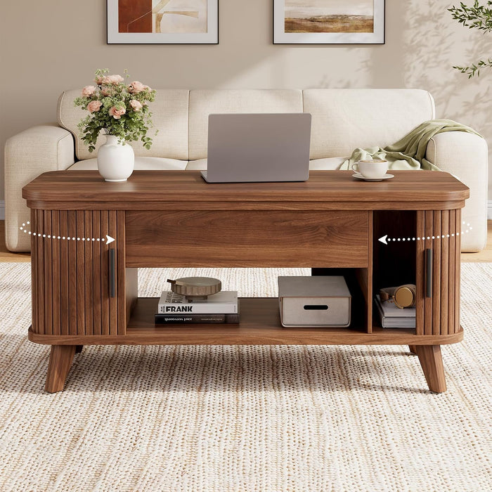 39.4" Mid Century Modern Lift Top Coffee Table, Wooden Fluted Coffee Table with Large Hidden Storage, 360° Curved Sliding Tambour Doors, for Living Room, Home Office, Apartment, Brown