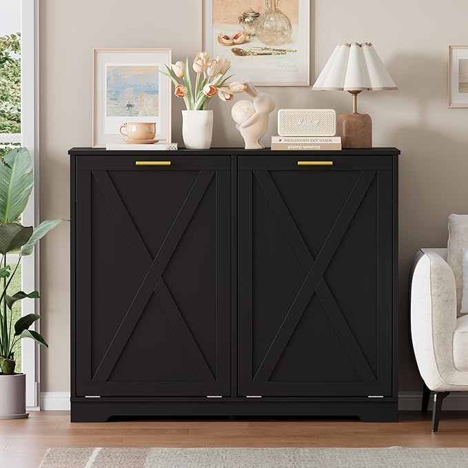 Double Tilt Out Trash Can Cabinet, Wooden Farmhouse Kitchen Garbage Bin