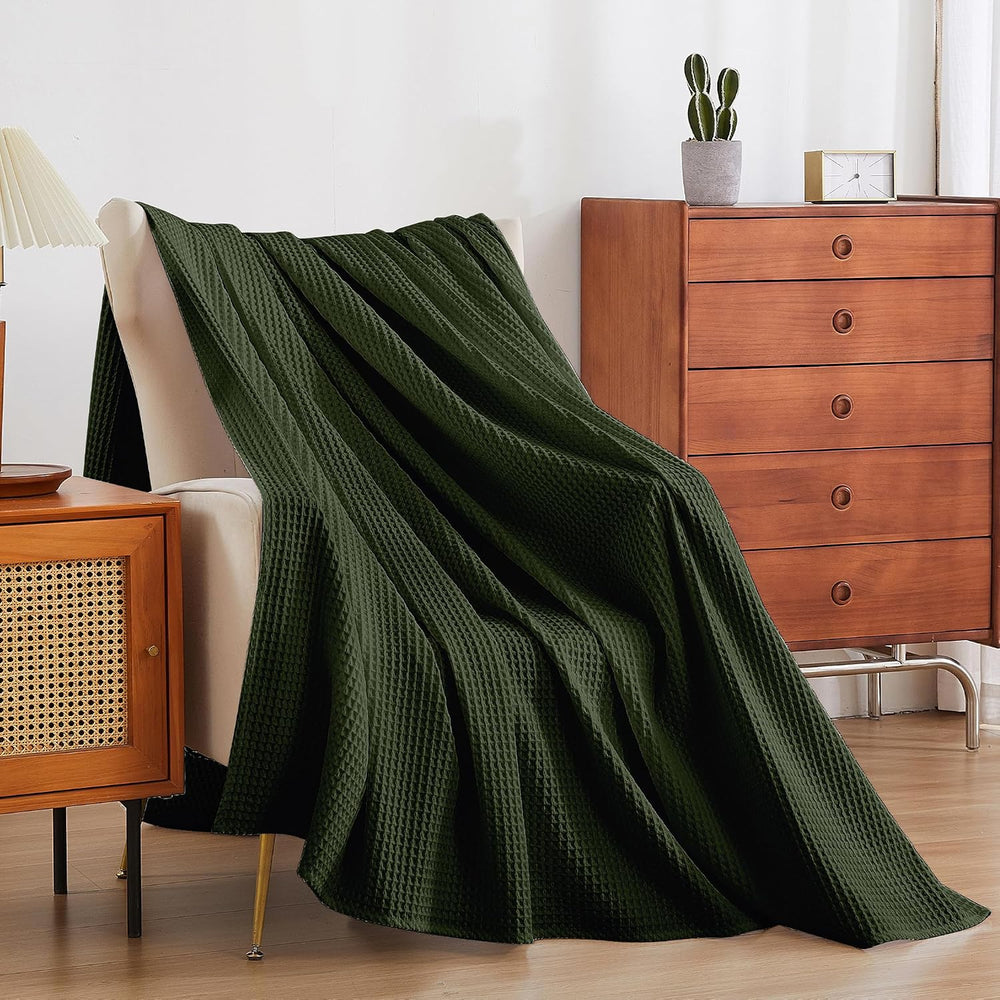 100% Cotton Waffle Throw Blanket for Bed Queen Size Olive Green, 90" x 9...