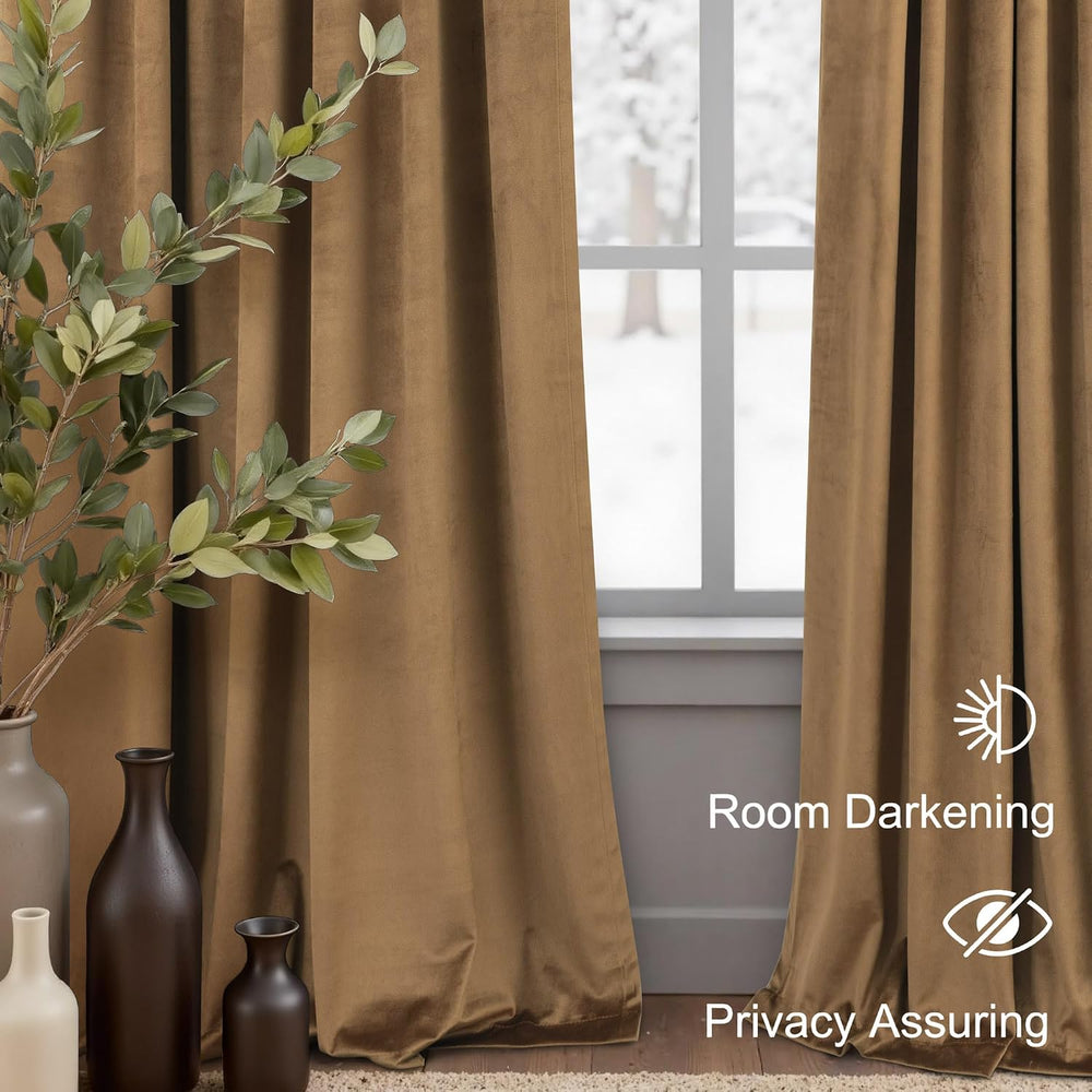Velvet Curtains 84 Inch Length 2 Panels Set Gold Brown Light Blocking Thermal...