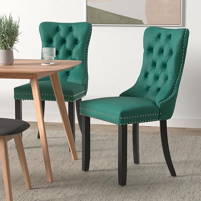 Green Velvet Dining Chairs Set of 6, Upholstered Dining Room Chairs with Back...