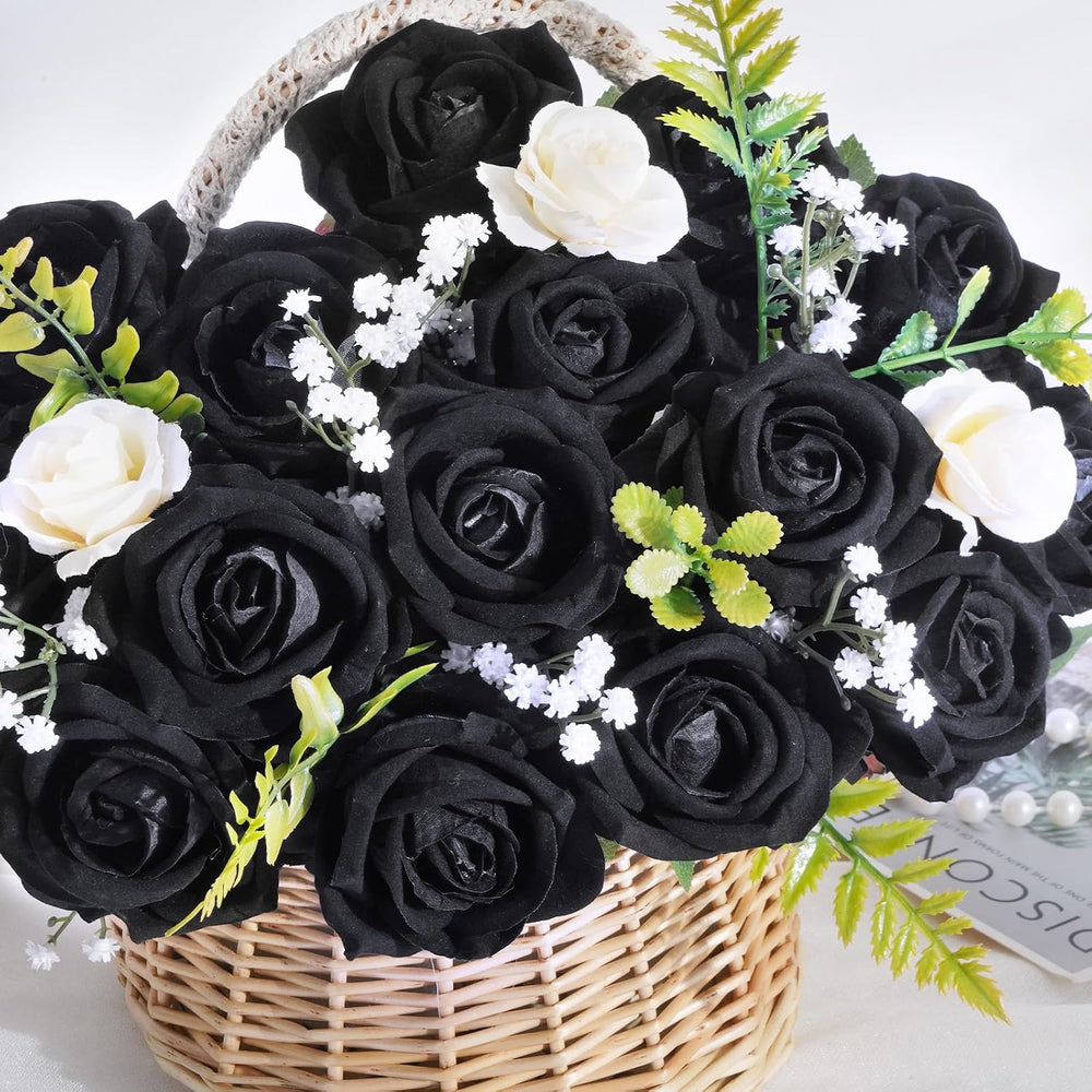 50Pcs Black Roses Artificial Flowers, Real Touch Velvet Fake Roses Bouquet
