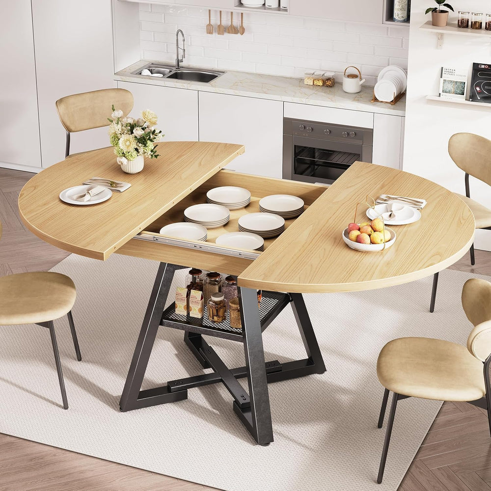 Extendable Round Dining Table for 4-8, Round to Oval Dining Table with Open S...