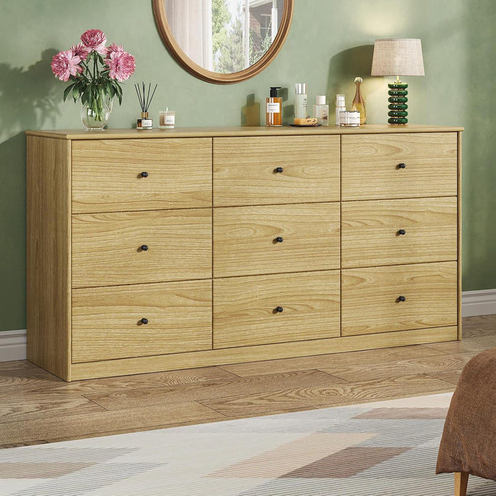 9 Drawer Dresser for Bedroom, 60.2" Wide Dresser, Natural Oak