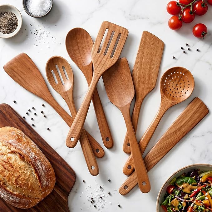8 Pcs Best Non Toxic Kitchen Utensil Set Teak Wooden Cooking Spoons Nonstick - Image 2