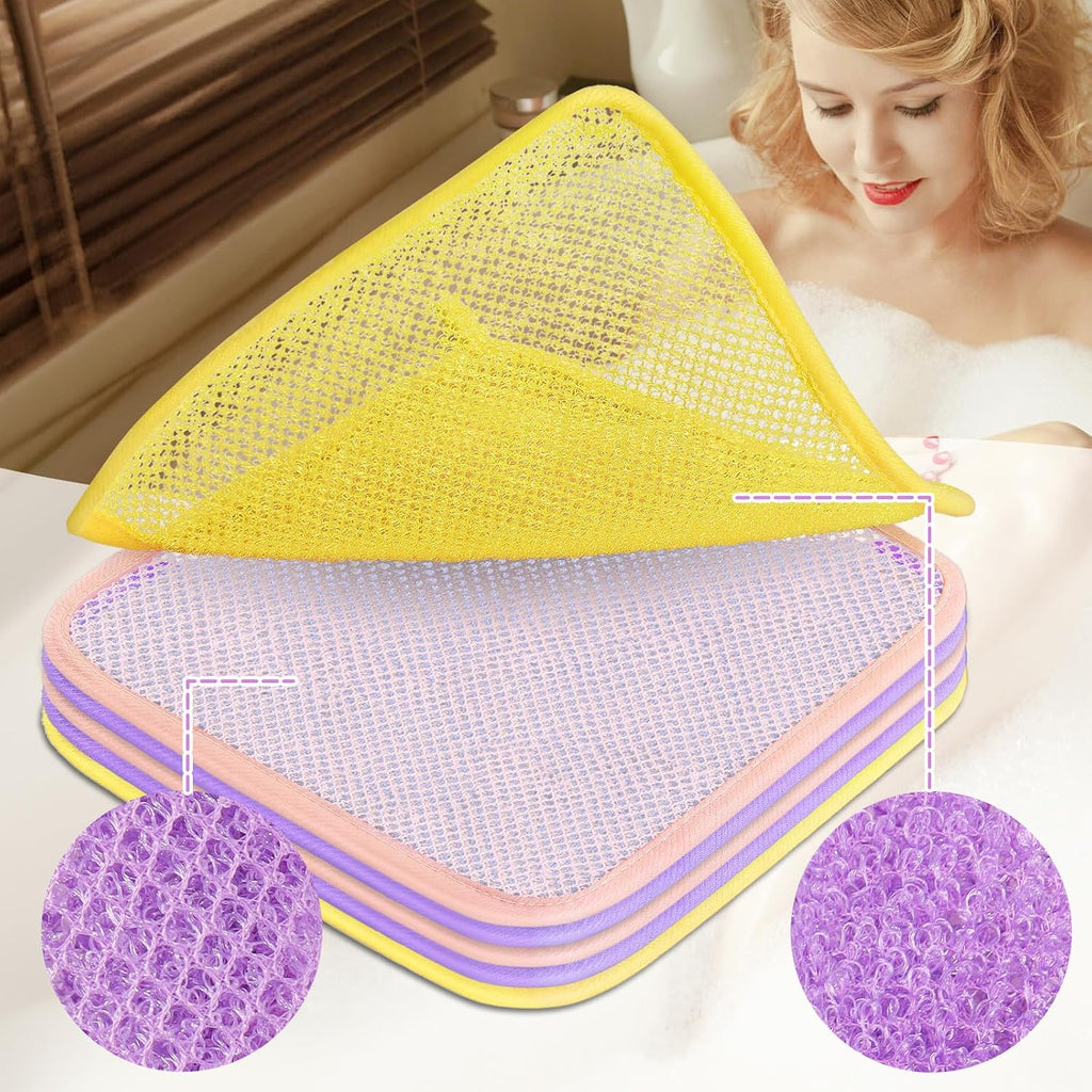 African Net Sponge Exfoliating Washcloths 6 Pack - Double Sided Bath Scrub Cloths for Deep Cleaning Face & Body - Revitalize Skin - All Skin Types (Yellow, Pink, Purple)