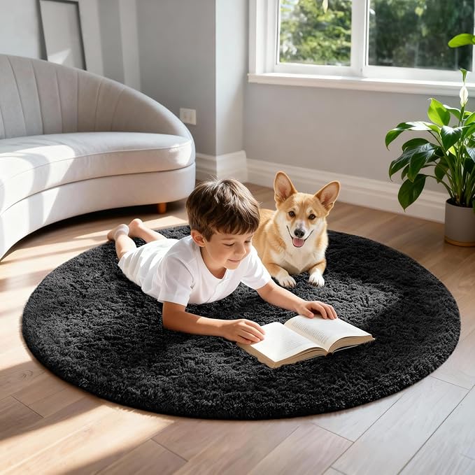 Ophanie Round Rug 4Ft Black Circle Area Rug, Room Decor - Image 3