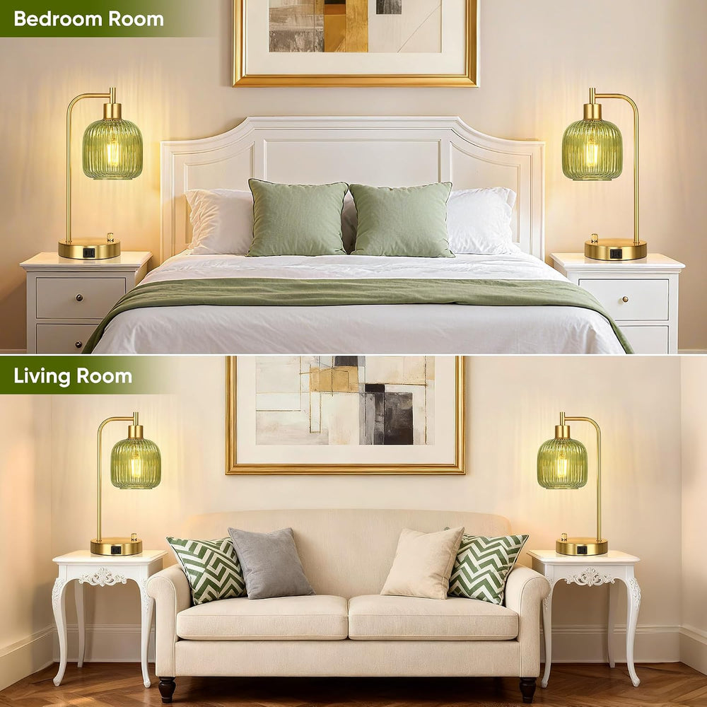 Green Glass Table Lamps Set of 2, Dimmable Bedside Lamps for Living Room