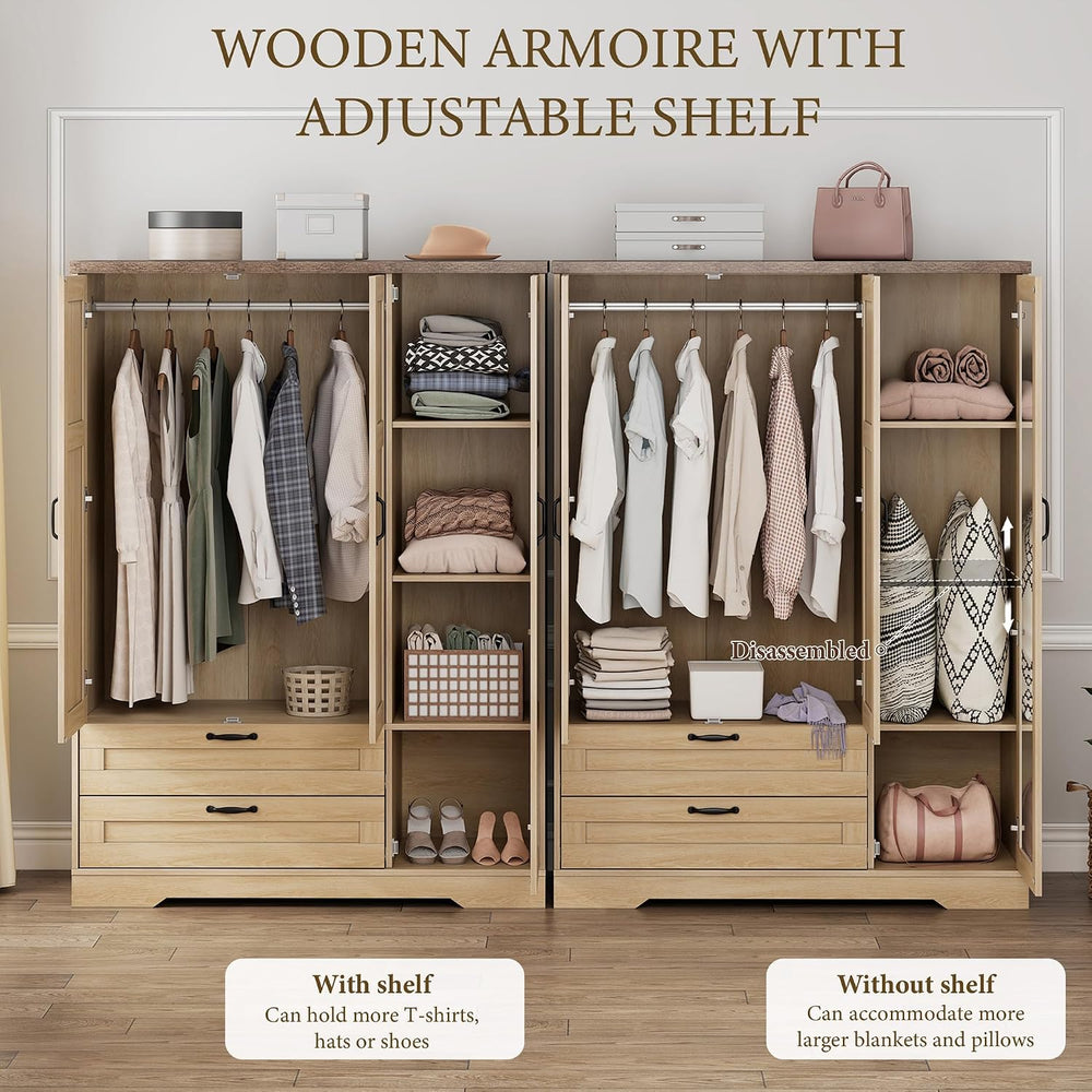 Brafab 62" Wooden Armoire Wardrobe Closet with Mirror, Natural, 3 Doors