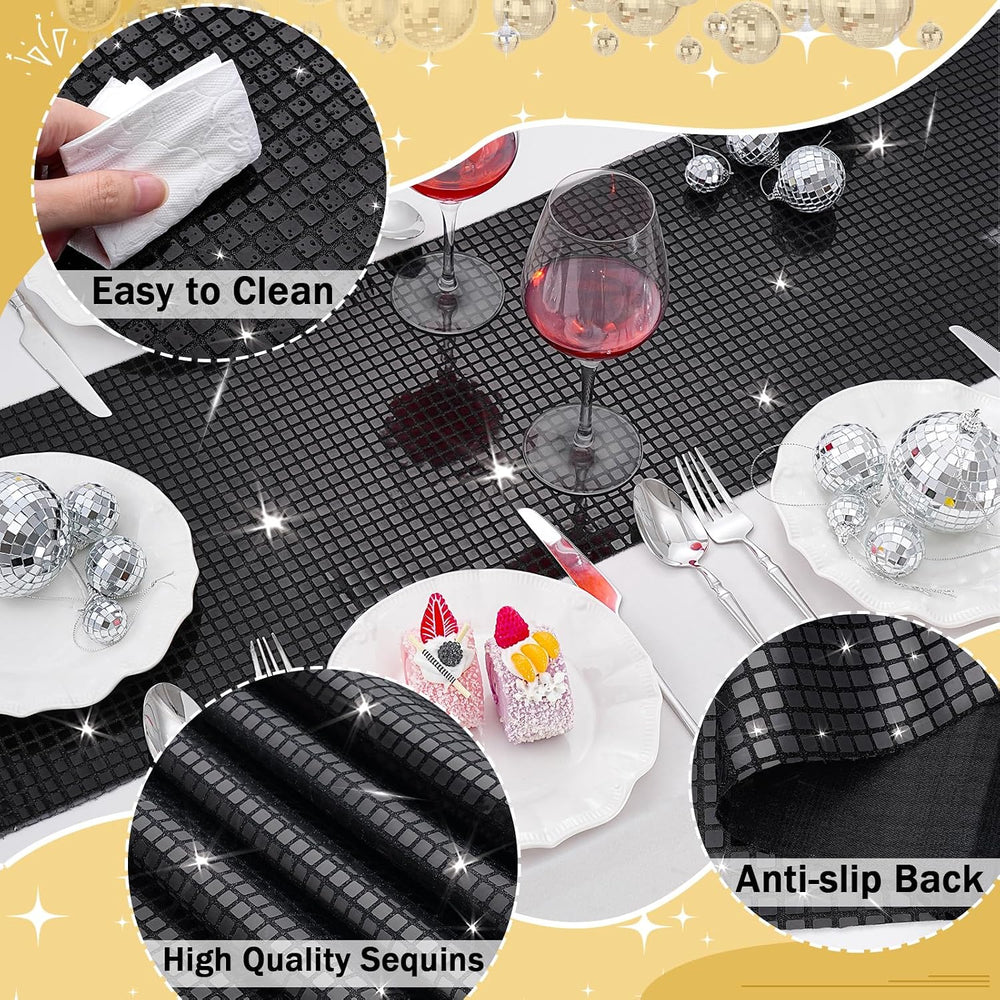 Disco Party Table Runners 6 Packs 12 x 72 Inches - Black Sequin Table Runners...