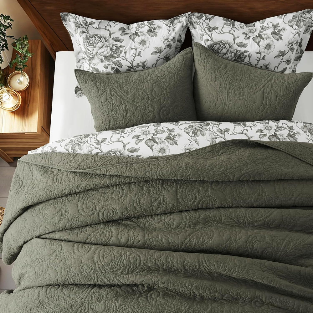 EVERGRACEHOME 100% Cotton Paisley Quilt Set, King Size, Olive Green