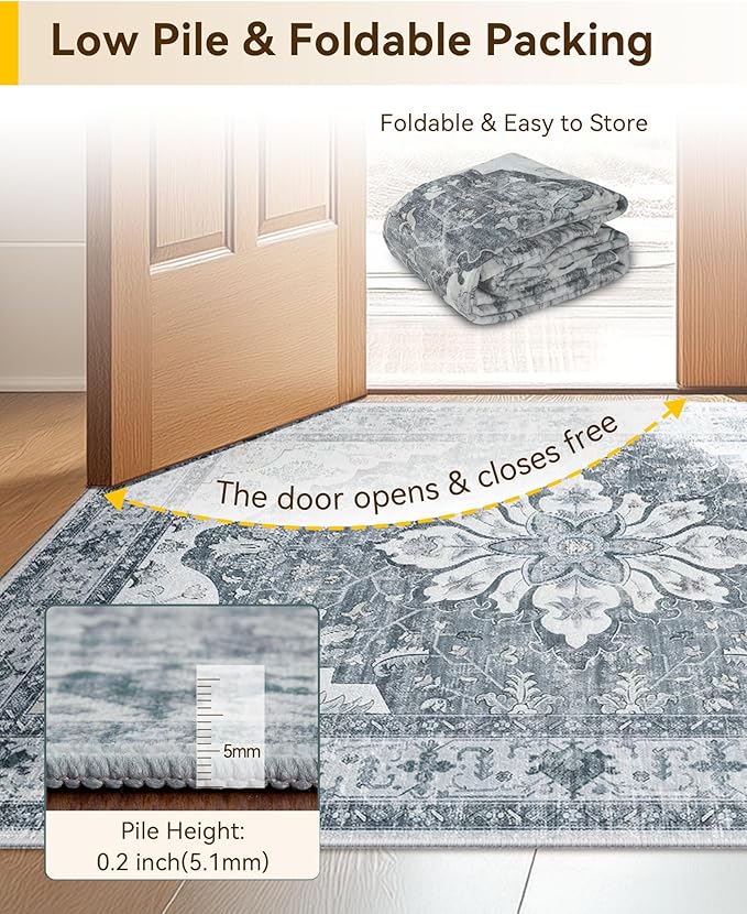 Area Rugs 8'x10' Washable Non-Slip, Floral Vintage Distress Print Pattern - Image 6