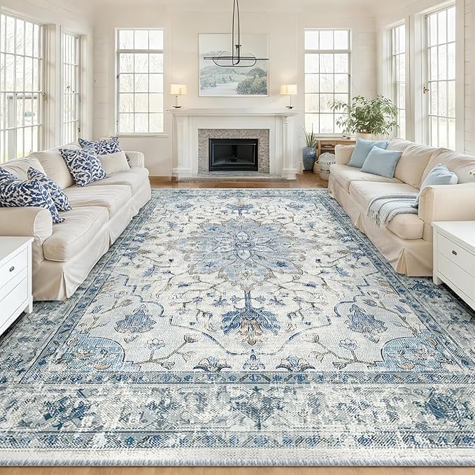 Area Rugs 10'x12' Washable Non-Slip, Floral Vintage Distress Print Pattern by RELEANY