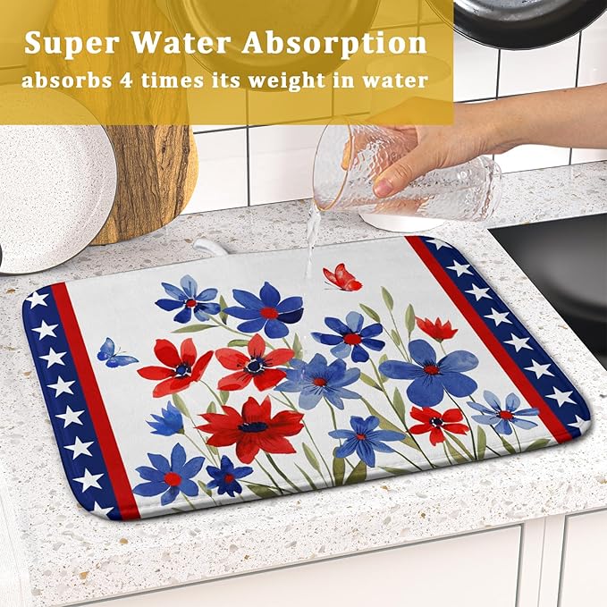 Giwawa 4th of July Flower Dish Drying Mat 16"x18" Independence Day Stars Dish - Image 7