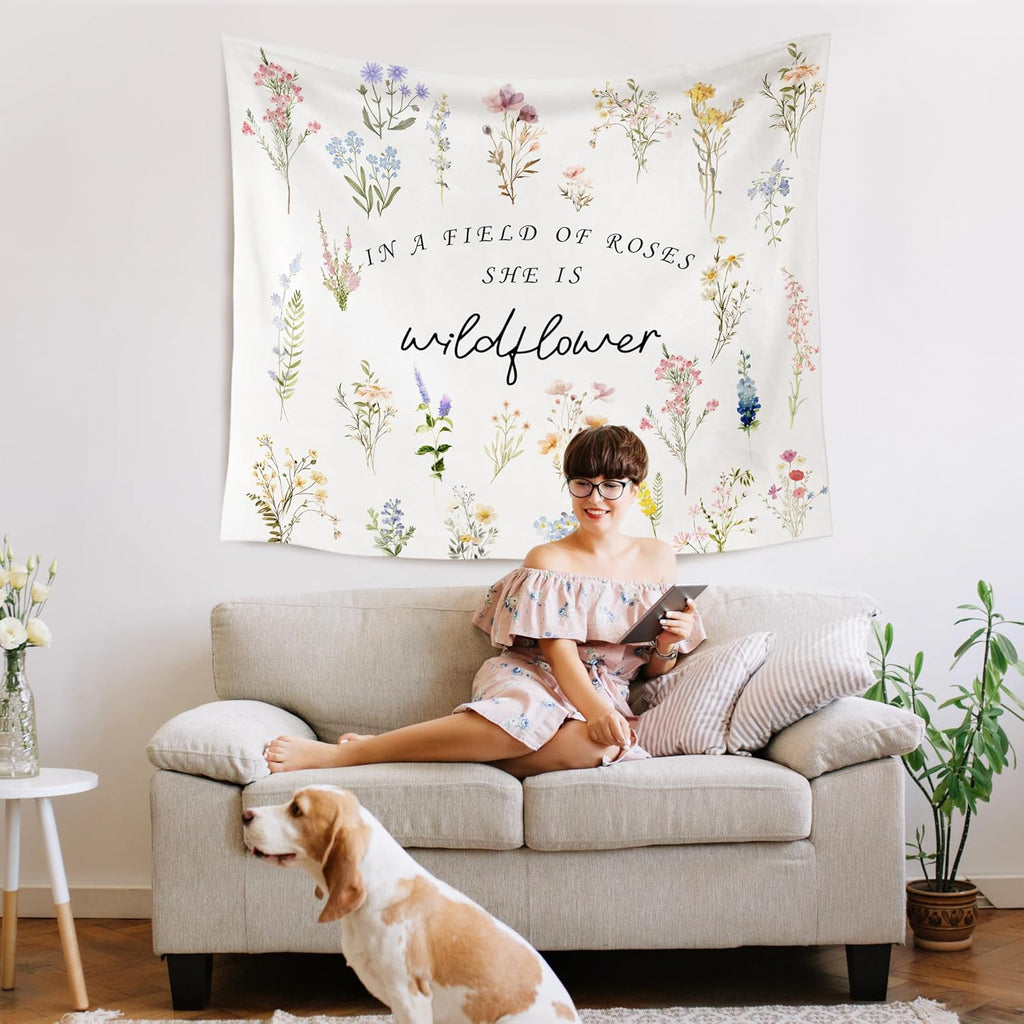 WARDOS Boho Floral Tapestry, in a Field of Roses She Is a Wildflower Tapestry Wall Hanging, Boho Wildflower Wall Blanket Decor for Baby Girls Room Toddler Nursery Bedroom, 50x60 Inch