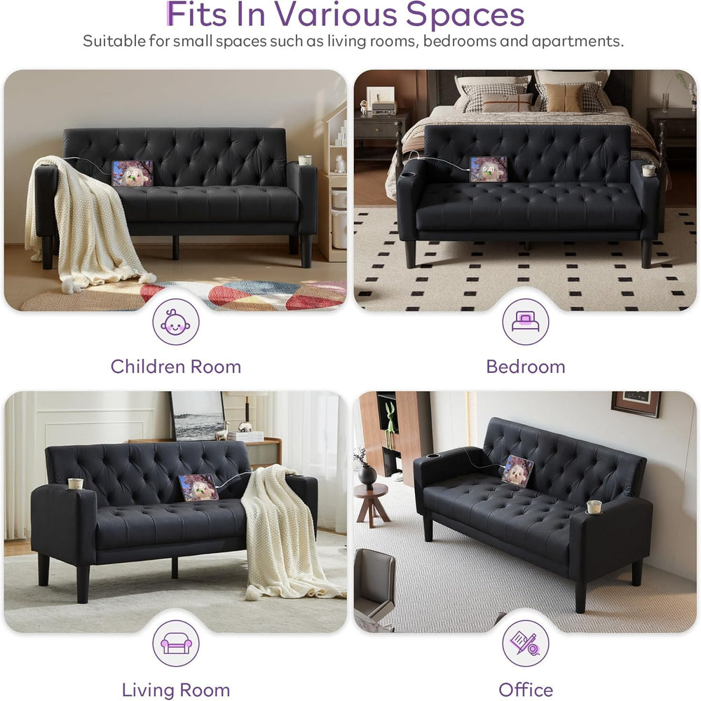 TYBOATLE Mid-Century Modern Tufted Black Faux Leather Loveseat Sofa Set w/ 2 ...