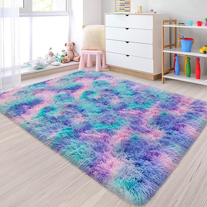 Small Area Rug for Bedroom 3x5ft Mini Tie-Dye Purple Rainbow Fluffy Rug Mat by JiaoBaba