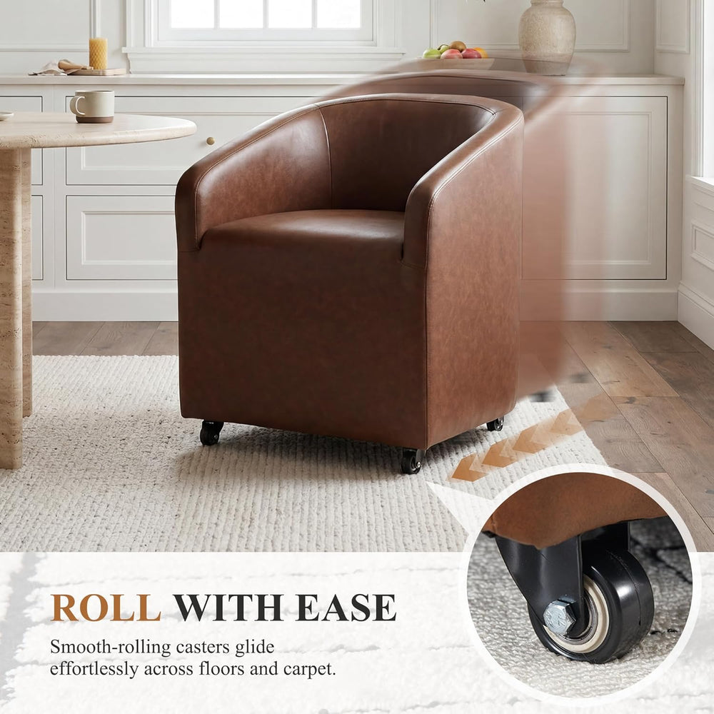 CIMOTA Brown PU Leather Barrel Dining Chairs with Wheels, Set of 1 — Modern U...