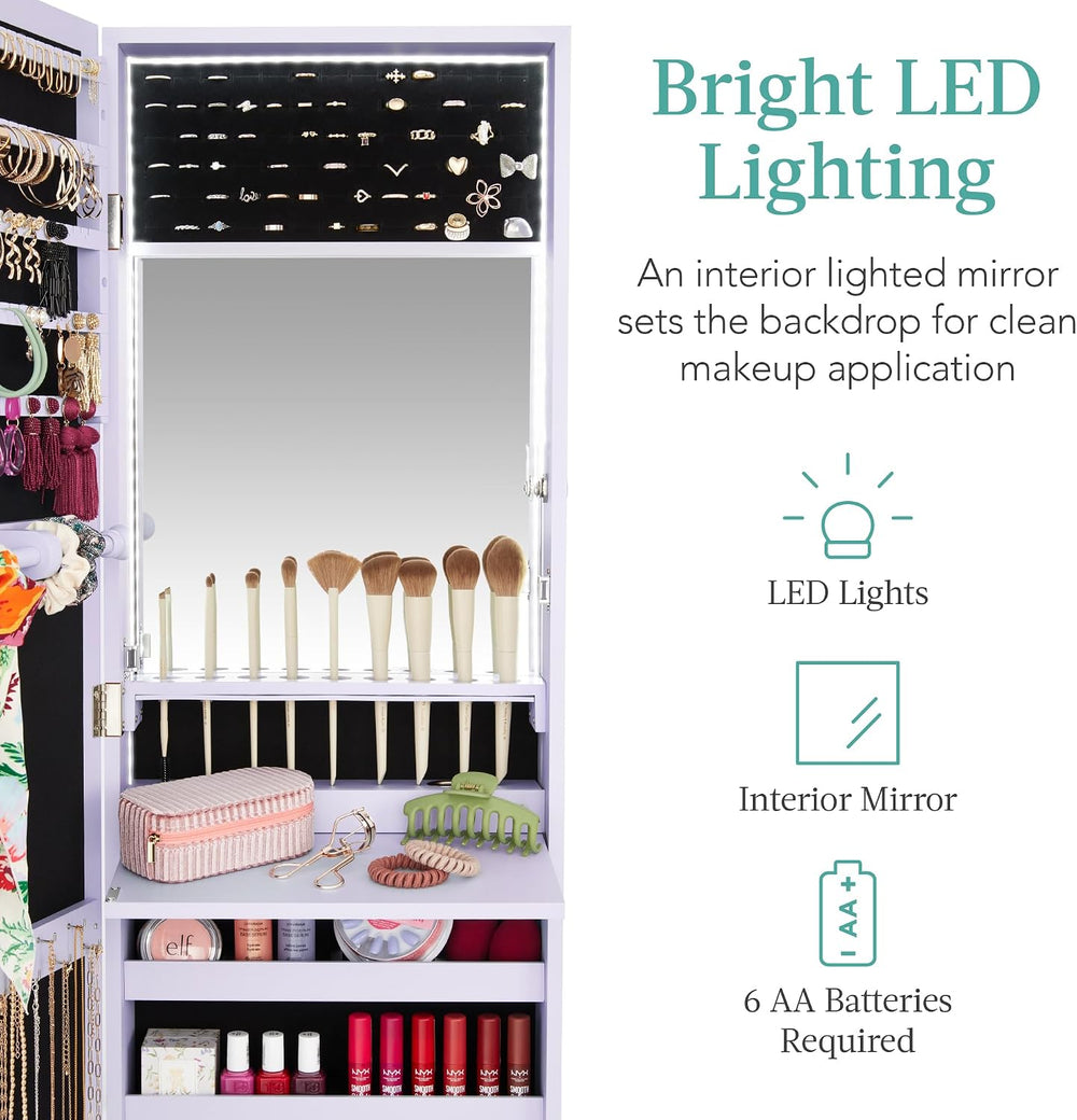 Best Choice Products LED Mirror Jewelry Cabinet, Tall Lockable Wall or Door M...