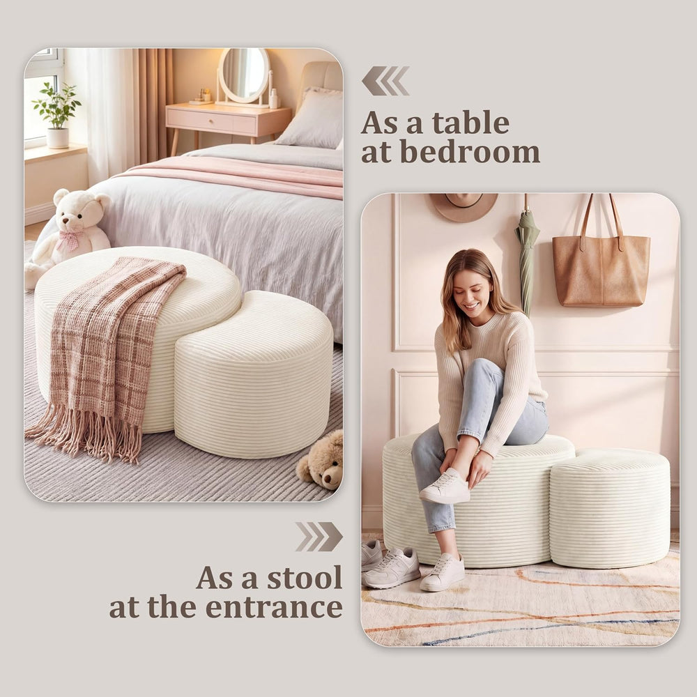 BSHOMGI Round Coffee Table Set of 2, Movable Ottoman for Corduroy Cloud Secti...