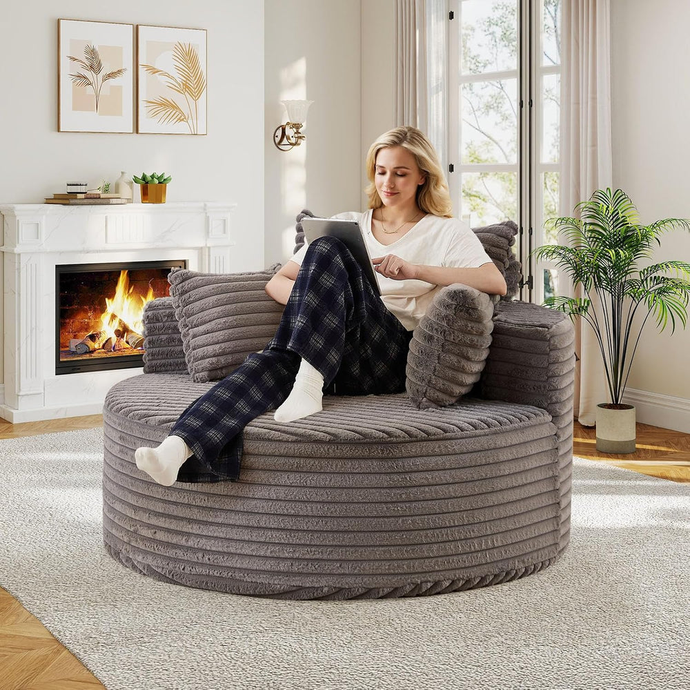50"W Oversized Round Chaise Lounge Chair Indoor, Upholstered Corduroy De...