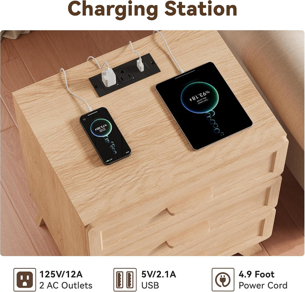 YANSNWO 23.6" Tall Nightstand with Charging Station, 3 Drawers, Natural