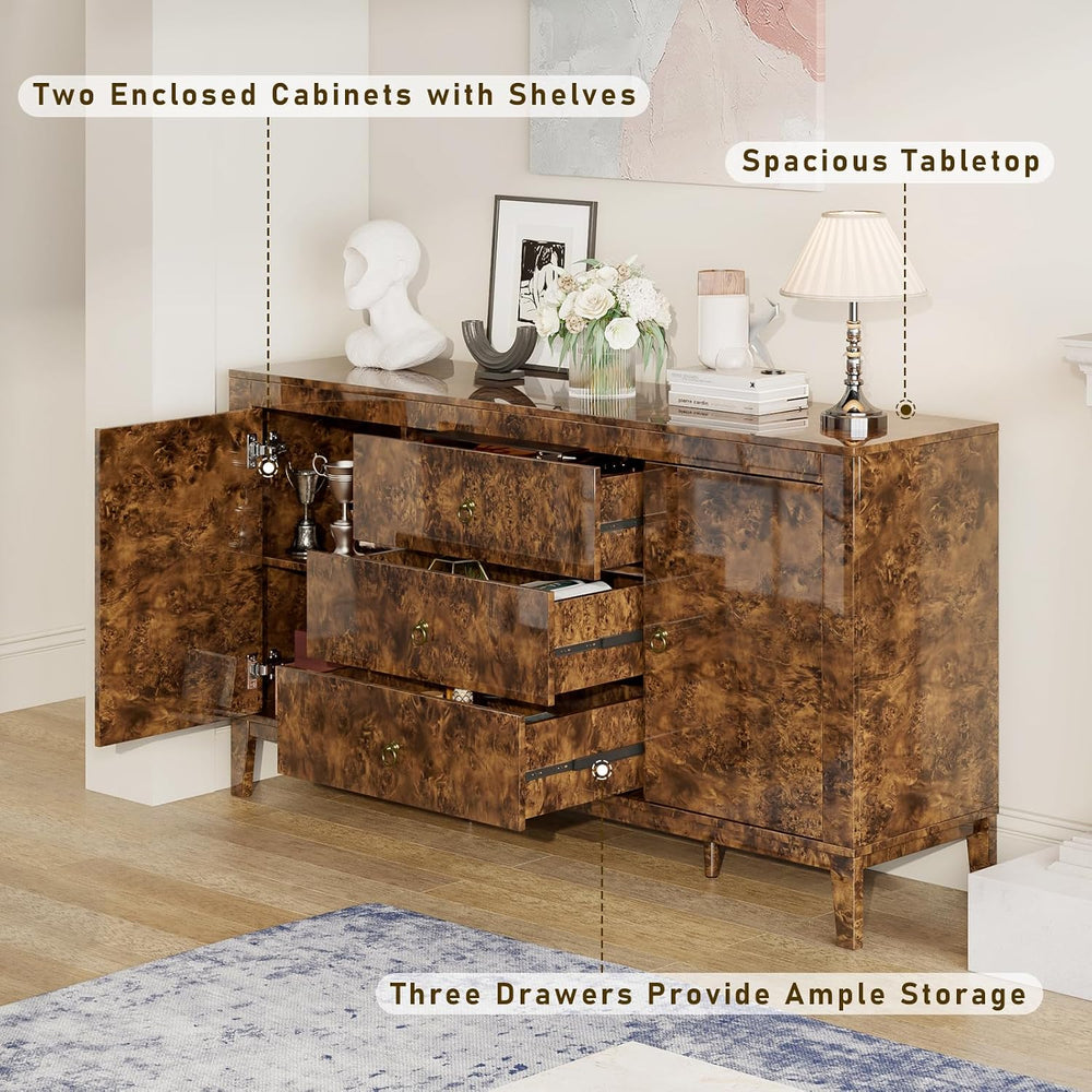 60" Glossy Burl Wood Sideboard Buffet with Storage