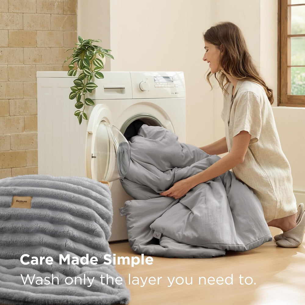 Bedsure 2-in-1 Comforter Set with Detachable Fleece Blanket, Grey Queen